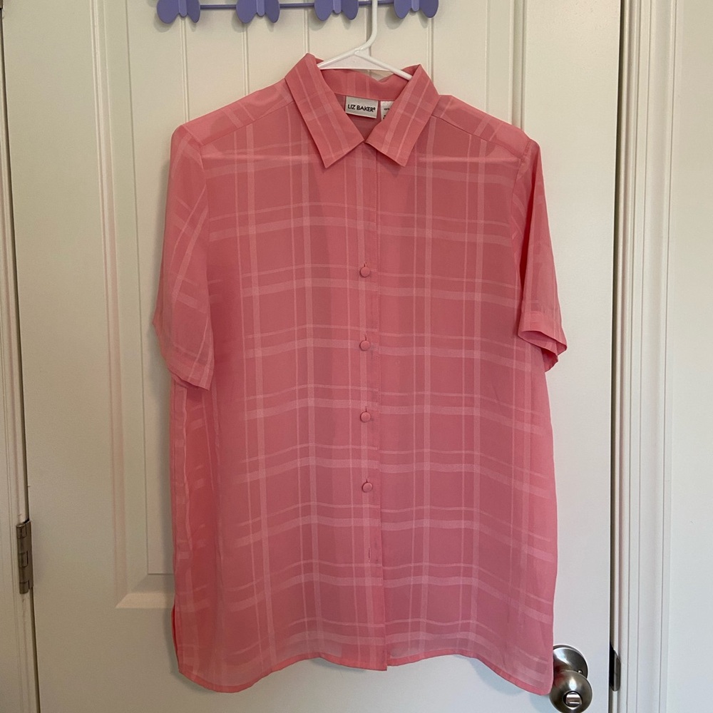 Vintage Liz Baker women’s‎ bubblegum pink sheer plaid button up shirt size 10